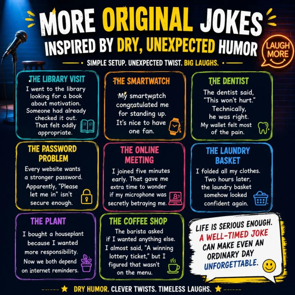 More original dry humor jokes infographic with clever one-liners, unexpected punchlines, and funny comedy quotes.