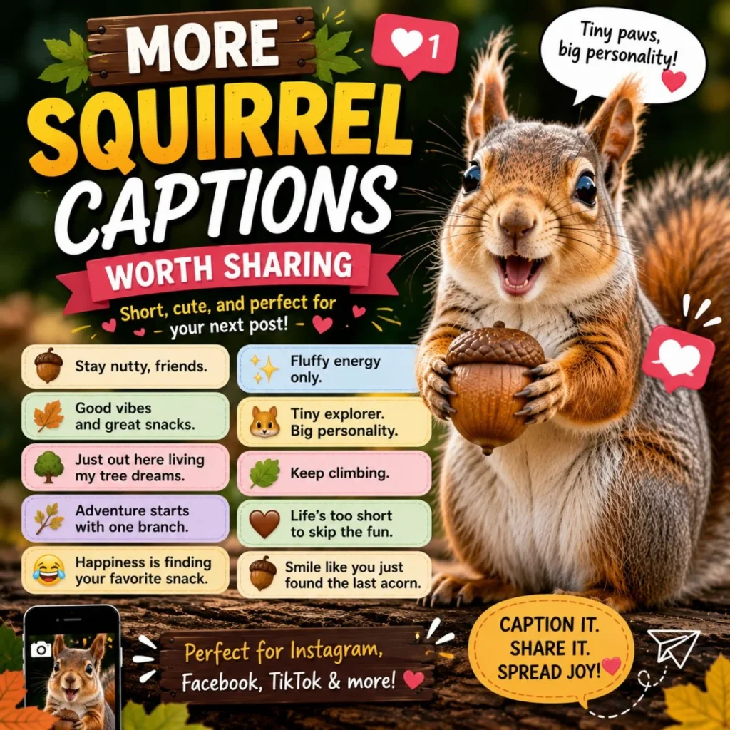 Smiling squirrel with shareable squirrel captions and acorn in a colorful woodland social media design.
