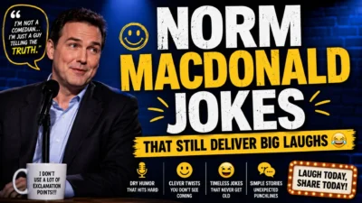 Norm Macdonald jokes comedy poster with stand-up microphone, witty quotes, and timeless humor that delivers big laughs.