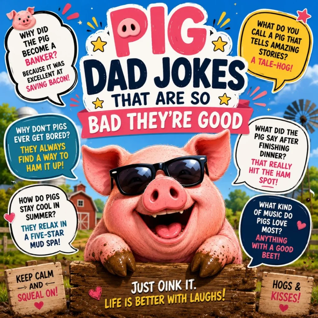 Smiling cartoon pig with sunglasses sharing funny pig dad jokes on a colorful farm with playful speech bubbles