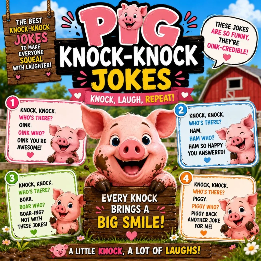Cute cartoon pig with funny pig knock-knock jokes and colorful speech bubbles on a cheerful farm background