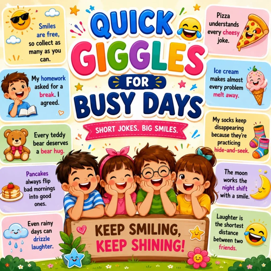 Quick giggles for busy days with happy cartoon kids, funny one-liners, and colorful family-friendly humor.