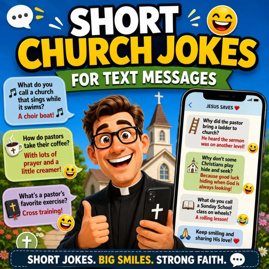 Short church jokes for text messages with a smiling pastor, smartphone, and clean Christian humor for easy sharing.
