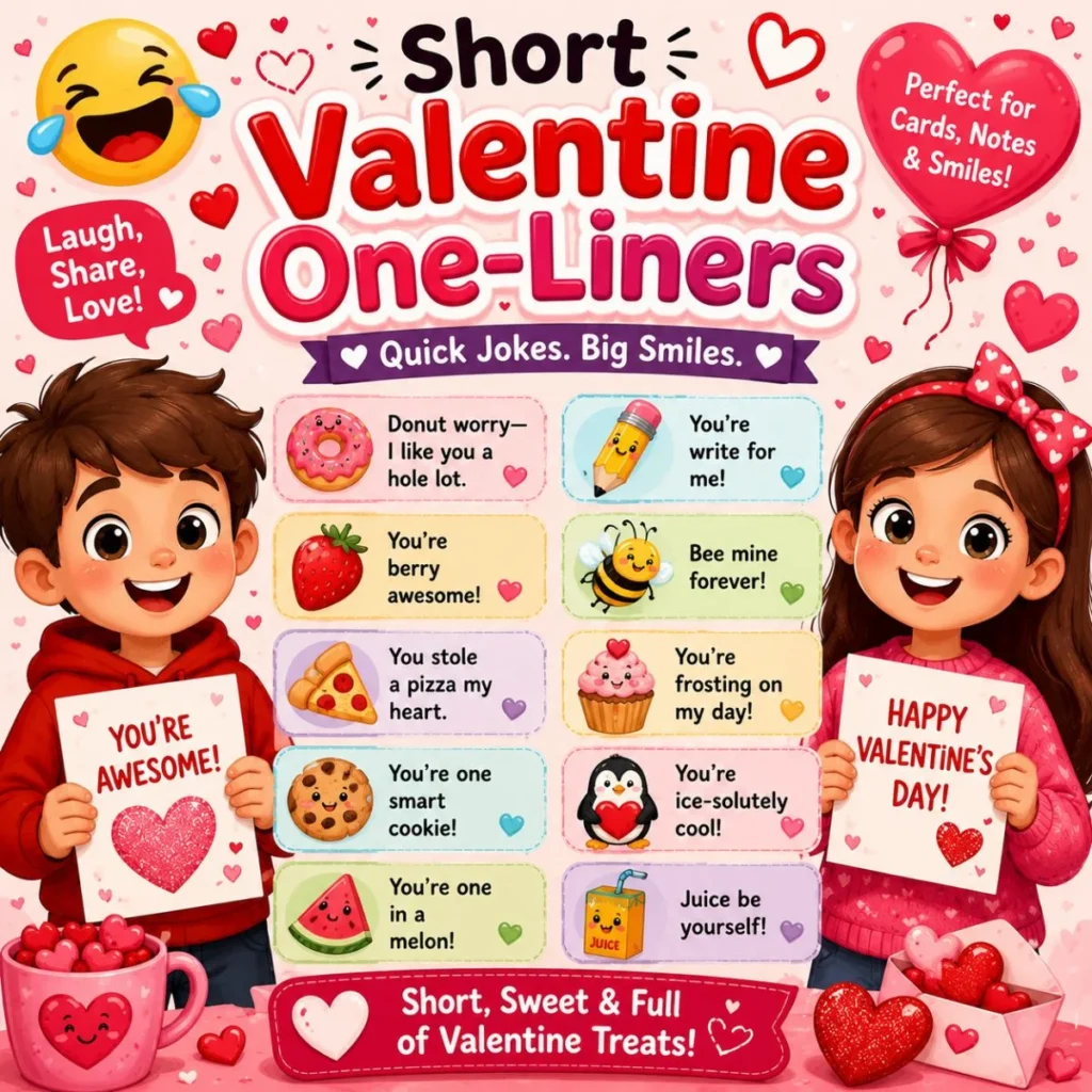 Cute kids sharing short Valentine one-liner jokes with heart cards, funny puns, and colorful Valentine's Day decorations.