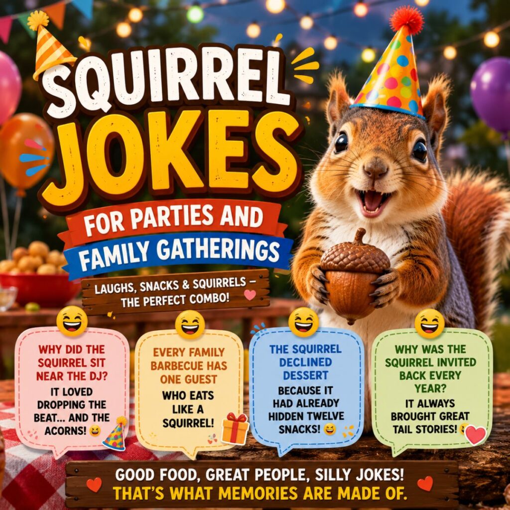 Happy squirrel in a party hat with funny squirrel jokes for parties and family gatherings in a festive outdoor setting.