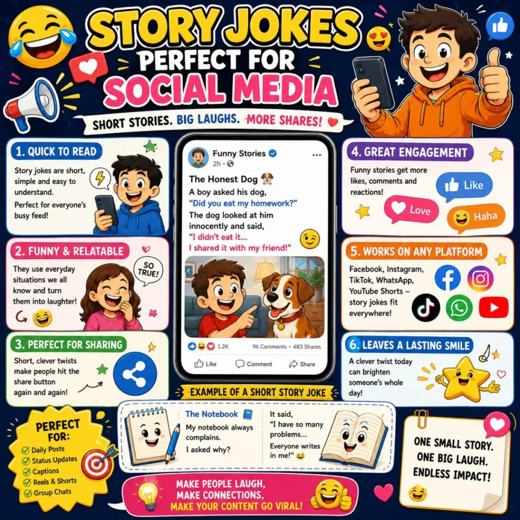Story jokes for social media infographic with funny cartoon characters, shareable humor, and engaging storytelling ideas