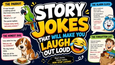 Story jokes illustration with funny cartoon parrot, dog, alarm clock, and grocery scene that will make you laugh out loud