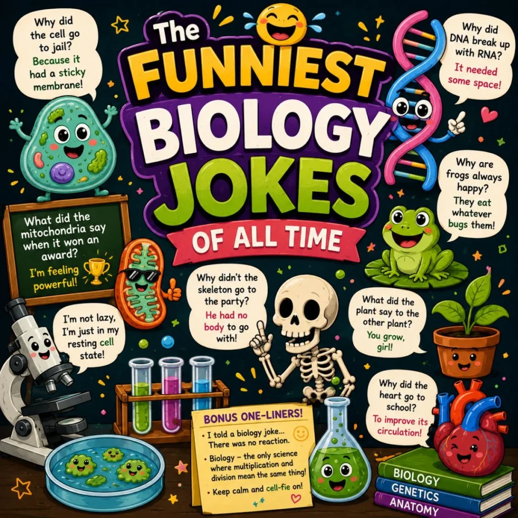 The funniest biology jokes cartoon with DNA, cells, frog, skeleton, microscope, and colorful science humor illustrations.
