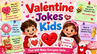 Happy kids sharing funny Valentine jokes with cute hearts, cards, and sweet puns for Valentine's Day fun.