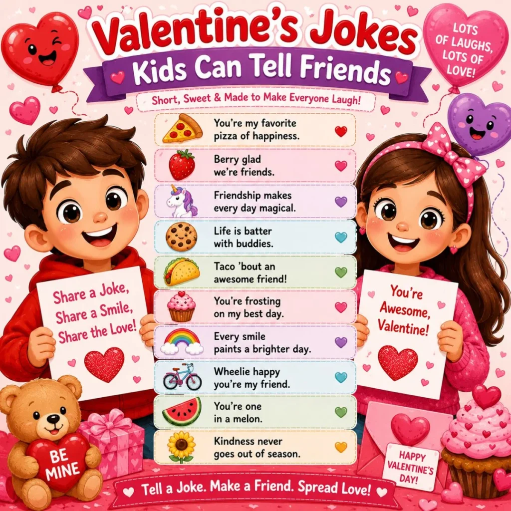 Kids sharing funny Valentine's jokes with friends, heart cards, balloons, and cute Valentine's Day decorations.