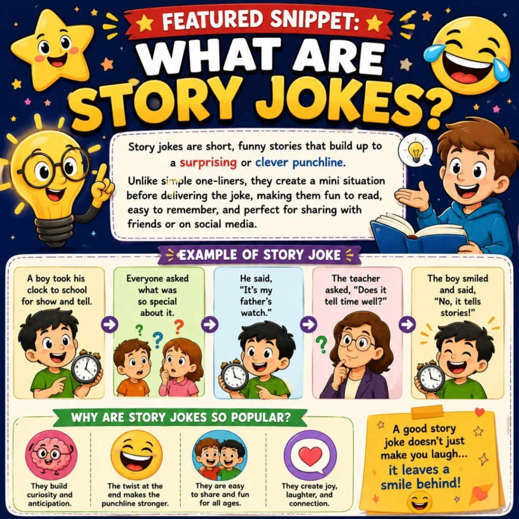 Featured snippet infographic explaining what story jokes are with colorful cartoons, simple examples, and funny storytelling tips