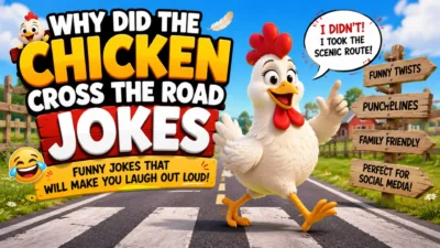 Funny cartoon chicken crossing a road with hilarious punchlines and family-friendly humor for classic chicken road jokes.