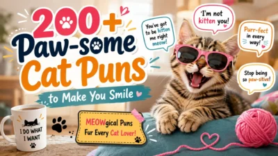 200+ paw-some cat puns with a playful cat wearing sunglasses and funny speech bubbles