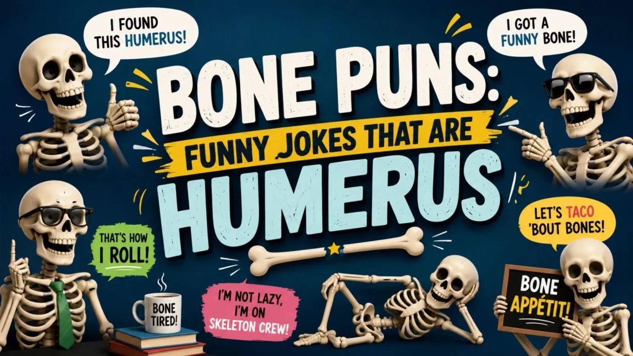 Funny bone puns poster featuring playful skeletons and humorous jokes