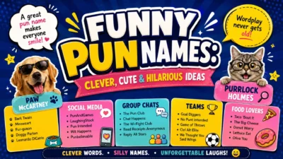 Funny pun names with clever, cute, and hilarious ideas for pets, teams, food lovers, and social media