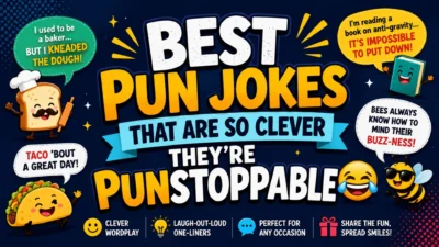 Best pun jokes graphic with funny wordplay, cartoon food characters, clever one-liners, and laugh-out-loud humor