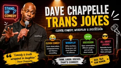 Dave Chappelle comedy stage poster featuring clever comedy, wordplay, and discussion with a stand-up microphone