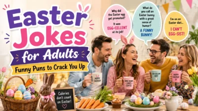 Easter jokes for adults with laughing friends, colorful eggs, chocolate bunny, and funny Easter puns