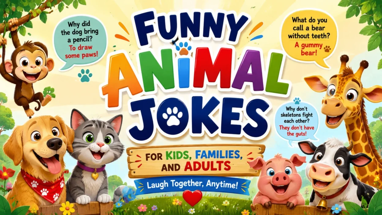 Funny animal jokes for kids, families, and adults featuring playful cartoon animals and cheerful humor