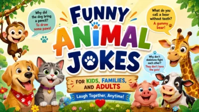 Funny animal jokes for kids, families, and adults featuring playful cartoon animals and cheerful humor