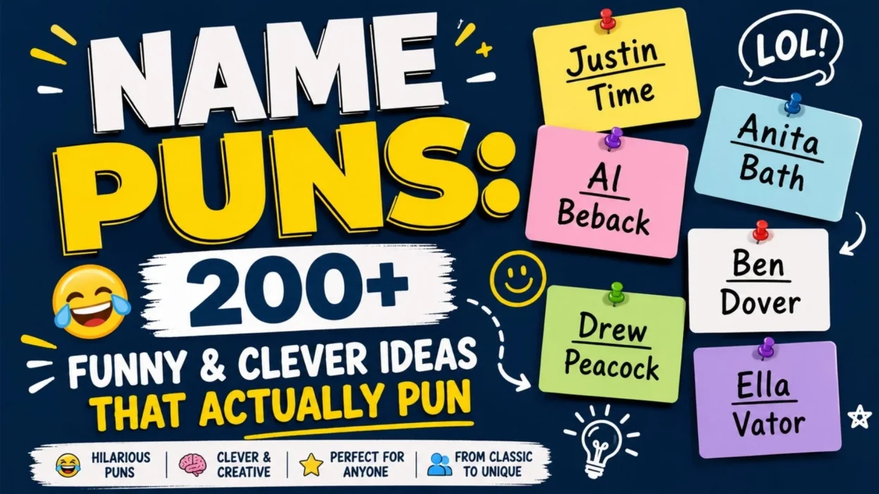 Funny name puns with 200+ clever ideas, including playful examples like Justin Time and Ella Vator.