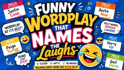 Funny name puns and clever wordplay with colorful name tags and laughing emoji