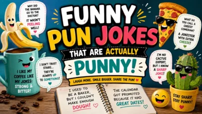 Funny pun jokes with colorful cartoon characters, coffee, pizza, banana, cactus, and playful speech bubbles