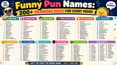 Funny pun names infographic with 200+ hilarious ideas for food, animals, people, holidays, and more.