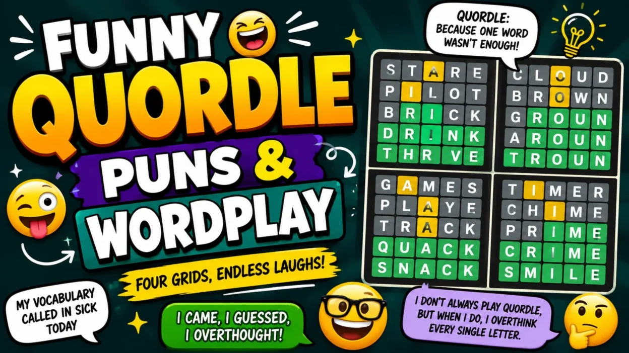 Funny Quordle puns and wordplay with colorful puzzle grids and playful emojis