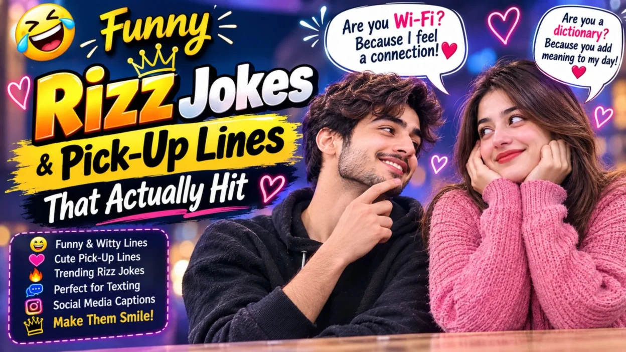 Funny rizz jokes and pick-up lines with playful couple, hearts, and witty speech bubbles