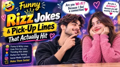 Funny rizz jokes and pick-up lines with playful couple, hearts, and witty speech bubbles