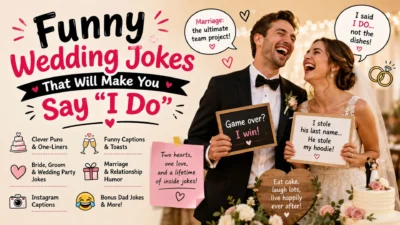Funny wedding jokes with a laughing newlywed couple, wedding cake, rings, and playful marriage captions