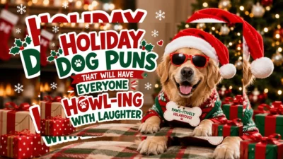 Holiday dog puns with a smiling Golden Retriever in a Santa hat, festive sweater, and Christmas gifts for holiday laughs.