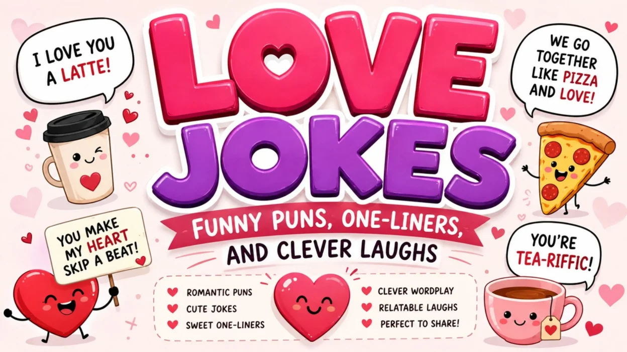 Love jokes with funny puns, cute hearts, coffee, pizza, and clever one-liners for laughs