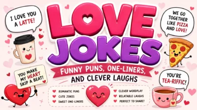 Love jokes with funny puns, cute hearts, coffee, pizza, and clever one-liners for laughs