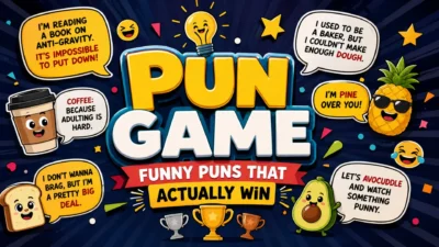Funny pun game poster with colorful cartoon characters, joke bubbles, trophies, and playful wordplay