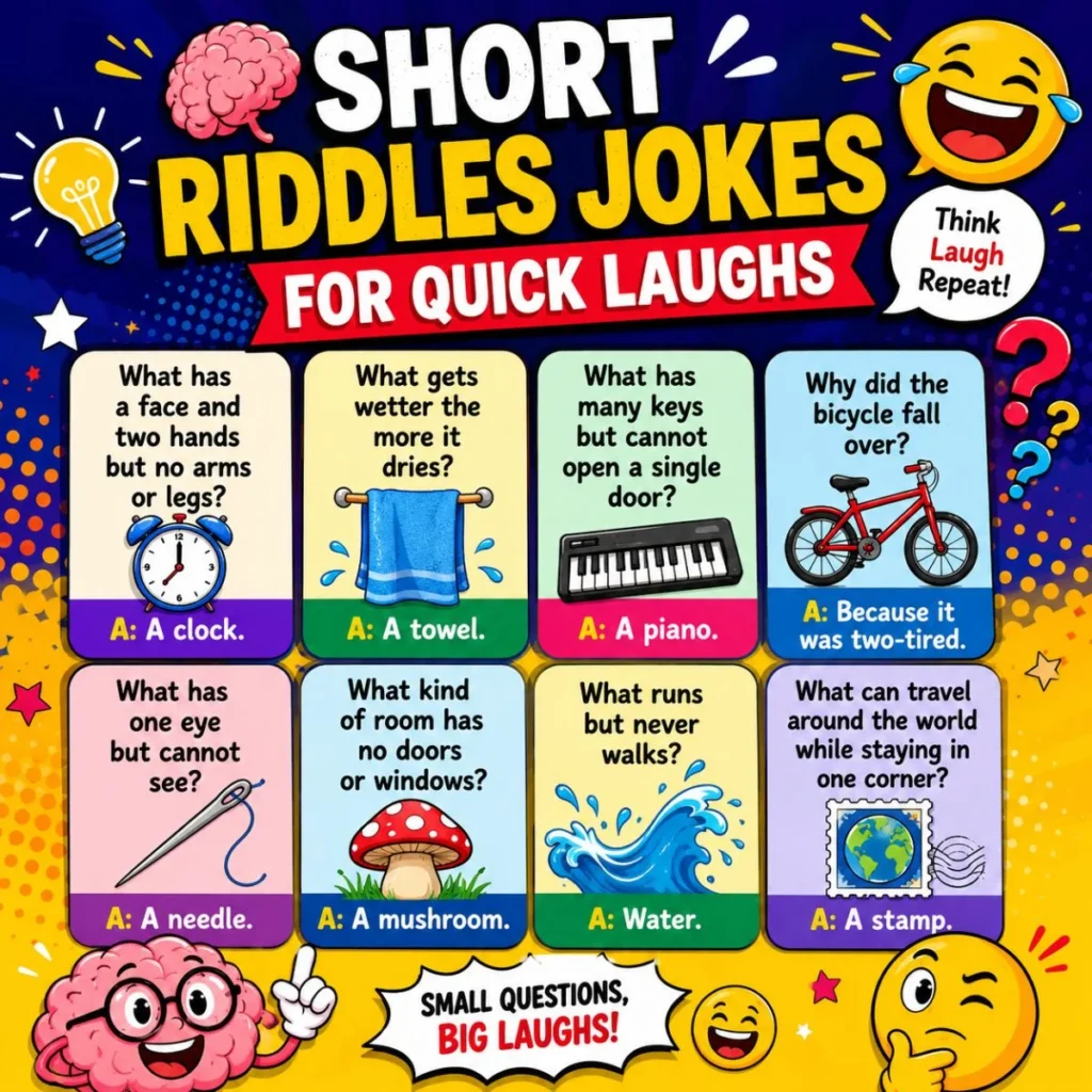 Short riddles jokes with funny brain teasers, quick answers, and playful cartoon illustrations