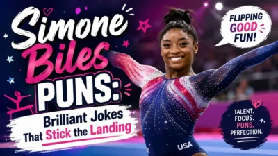 Simone Biles puns graphic with funny gymnastics jokes that stick the landing