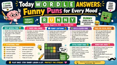 Today Wordle answers infographic with funny puns, RUNNY, captions, one-liners, and playful Wordle humor.