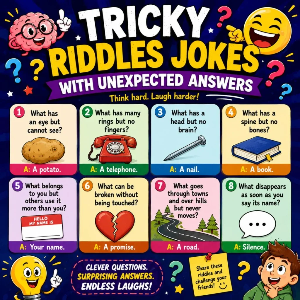 Tricky riddles jokes with unexpected answers, colorful brain teasers, and funny questions