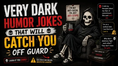 Very dark humor jokes poster with a hooded skeleton, witty captions, and bold typography for fans of clever dark comedy.