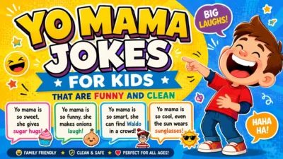 Yo mama jokes for kids featuring a laughing cartoon boy and clean, family-friendly joke panels