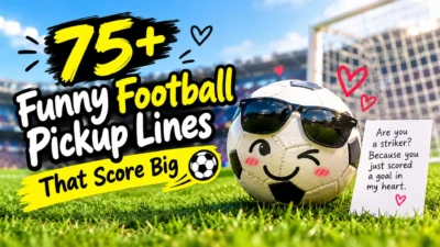 Funny football pickup lines with a playful soccer ball on a stadium field