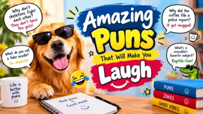 Amazing puns that will make you laugh with a funny dog and playful joke illustrations