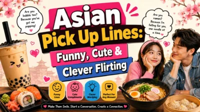 Asian pick up lines graphic with cute flirting, bubble tea, sushi, ramen, and a smiling couple