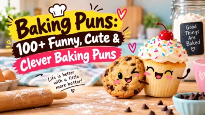 Funny baking puns with sweet treats, cupcakes, cookies, and playful baking humor