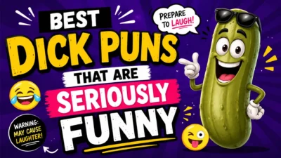 Funny dick puns thumbnail with a cheerful pickle character and laughing emojis