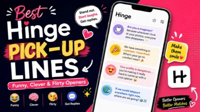 Best Hinge pick-up lines with funny, clever, and flirty openers shown in a dating app graphic