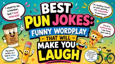 Best pun jokes with funny wordplay, cartoon characters, pizza, coffee, pencil, and bicycle