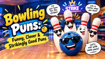 Funny bowling puns with smiling bowling pins and a sunglasses-wearing bowling ball